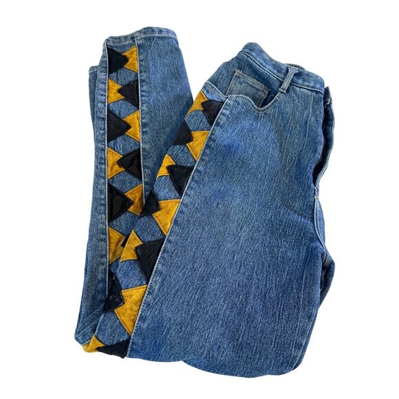 Vtg Baccini Denim Jeans 14 barrell gold Triangle Patchwork high waisted READ - Picture 6 of 14